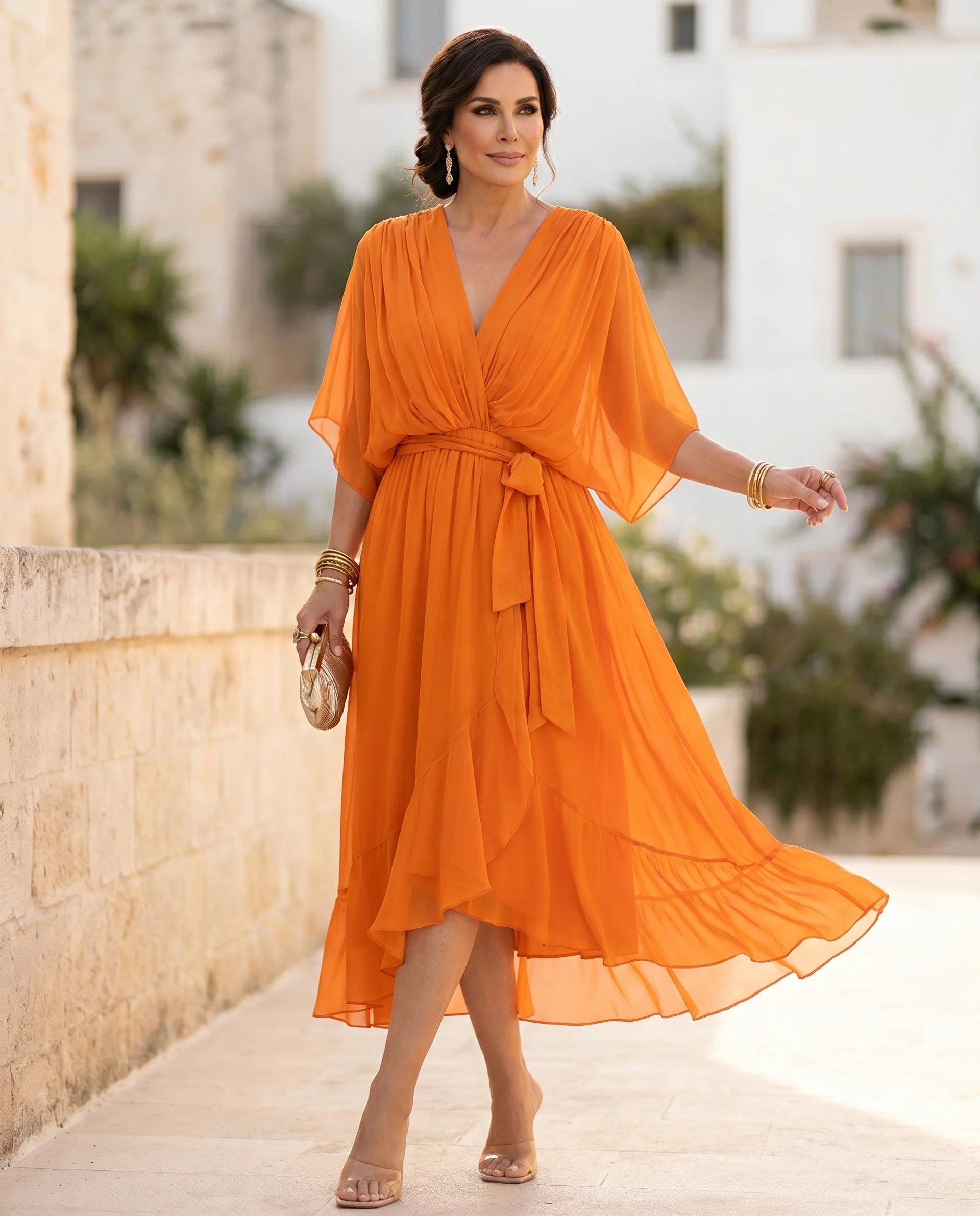 Damen Chiffon-Maxikleid mit V-Ausschnitt – Mit Taillengürtel für Hochzeit & festliche Anlässe | Mirela