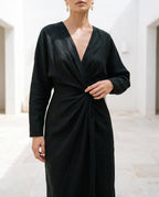 Women's Bodycon Maxi Dress – Wrap Waist, Deep V-Neck, Long Sleeve with Front Slit | Marlene