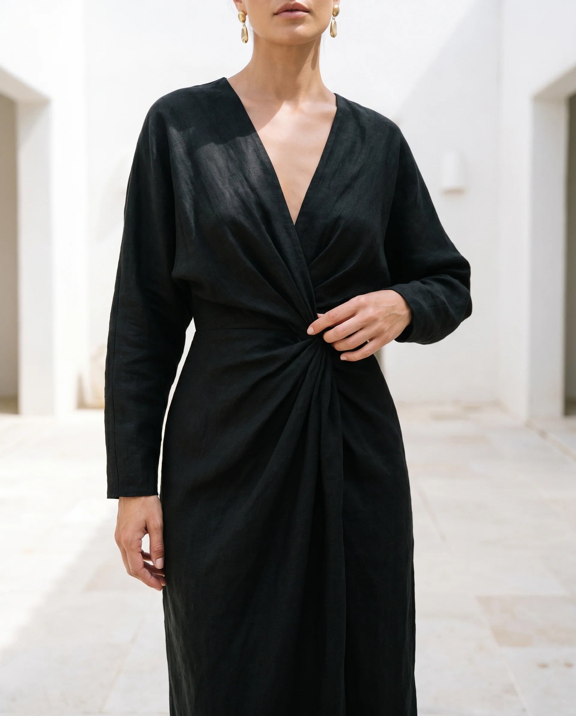 Women's Bodycon Maxi Dress – Wrap Waist, Deep V-Neck, Long Sleeve with Front Slit | Marlene