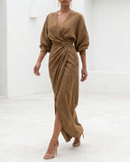 Women's Bodycon Maxi Dress – Wrap Waist, Deep V-Neck, Long Sleeve with Front Slit | Marlene