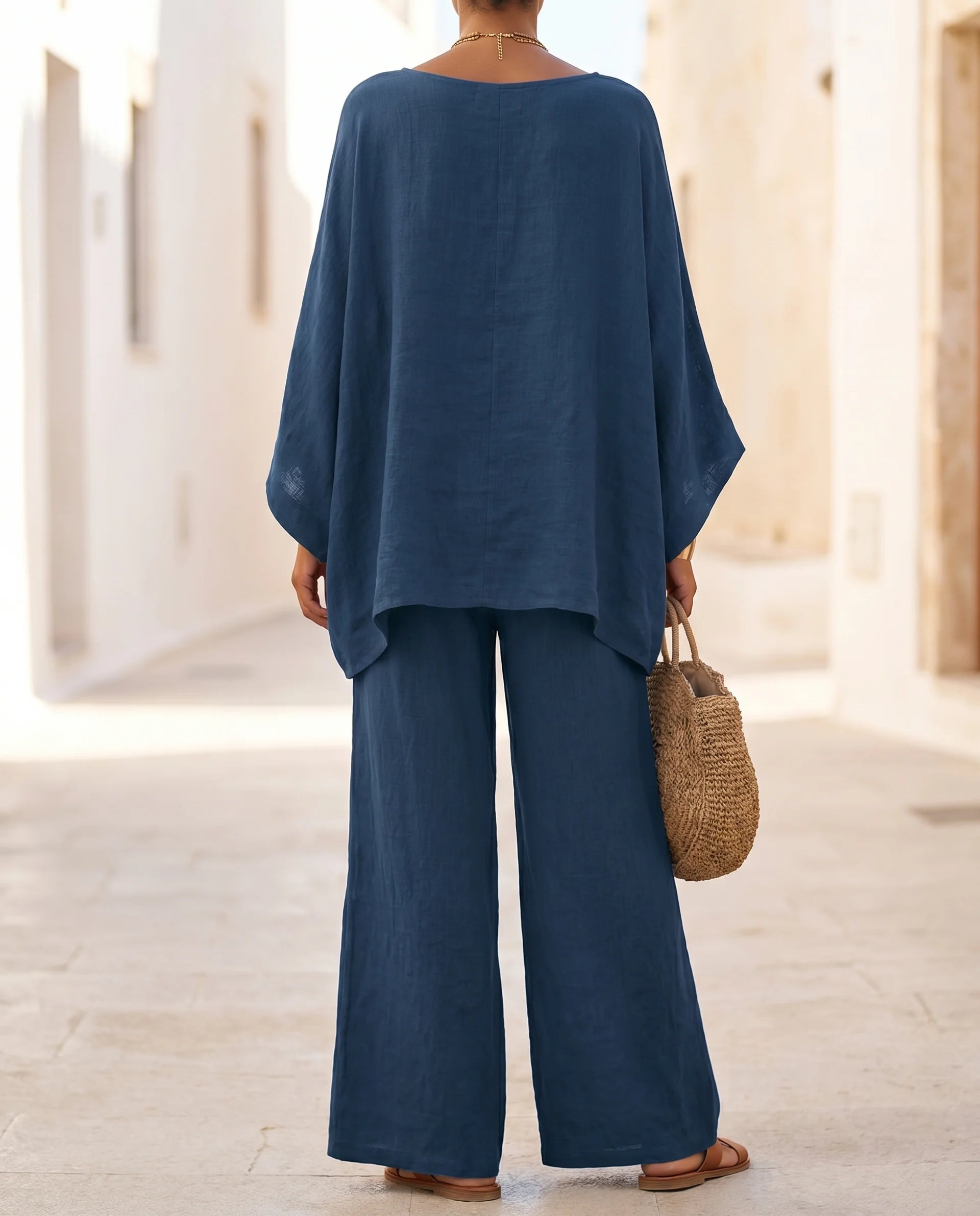 Women's Cotton-Linen Two-Piece Set – Oversized Top with Asymmetric Hem & Wide-Leg Pants | Annabel