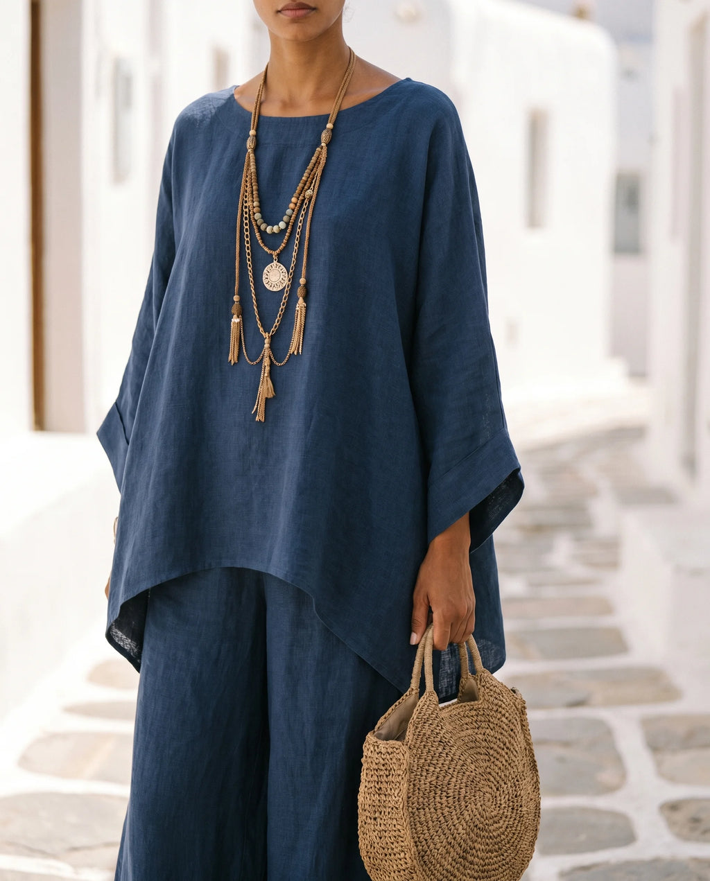 Women's Cotton-Linen Two-Piece Set – Oversized Top with Asymmetric Hem & Wide-Leg Pants | Annabel