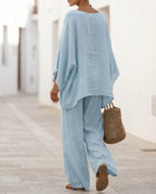 Women's Cotton-Linen Two-Piece Set – Oversized Top with Asymmetric Hem & Wide-Leg Pants | Annabel