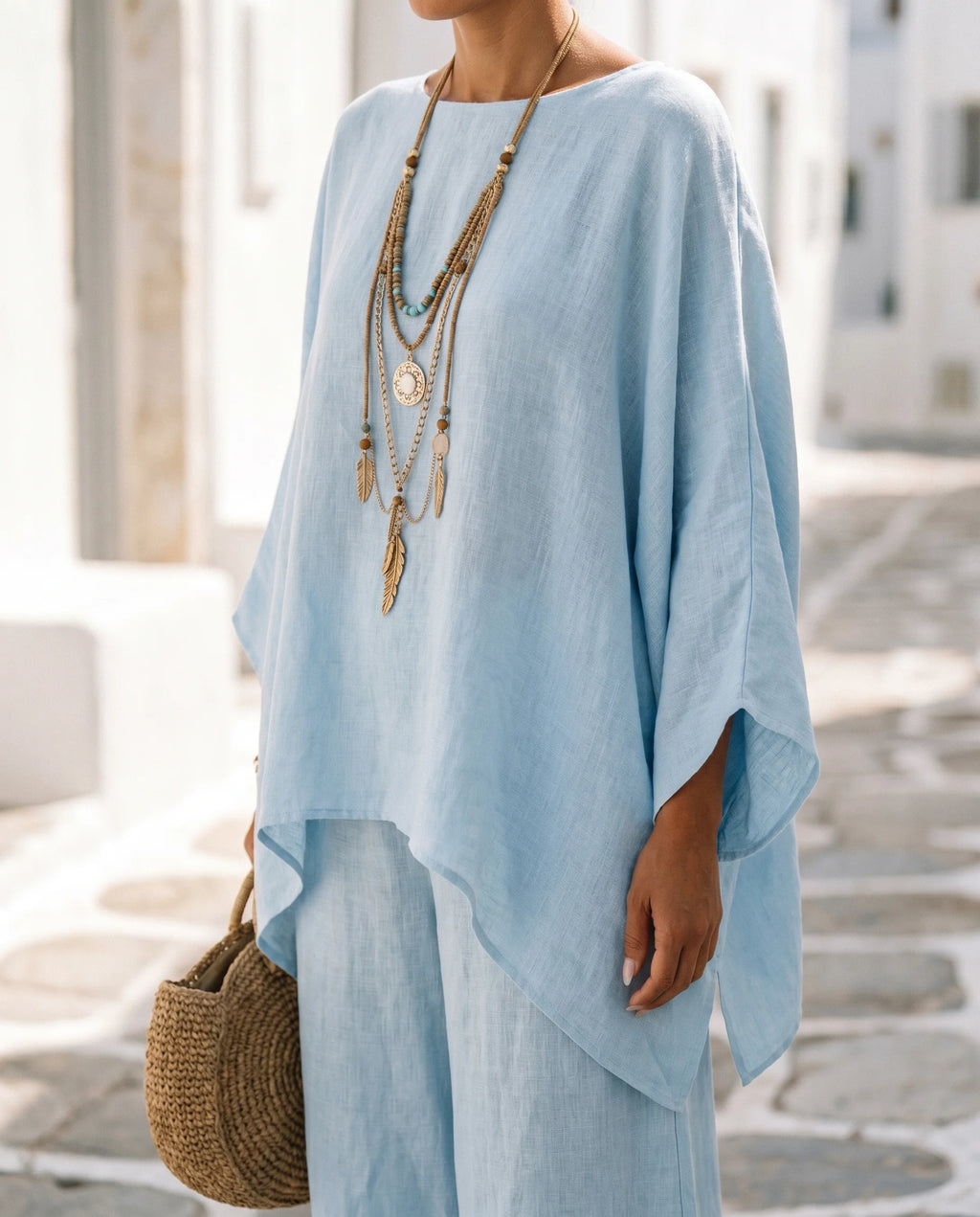 Women's Cotton-Linen Two-Piece Set – Oversized Top with Asymmetric Hem & Wide-Leg Pants | Annabel