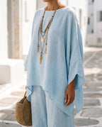 Women's Cotton-Linen Two-Piece Set – Oversized Top with Asymmetric Hem & Wide-Leg Pants | Annabel
