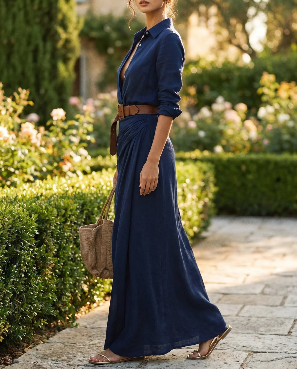 Damen Wickel-Maxikleid – Tiefer V-Ausschnitt, Langarm mit Taillengürtel | Linda