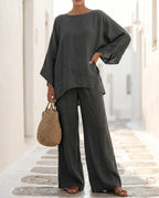 Women's Cotton-Linen Two-Piece Set – Oversized Top with Asymmetric Hem & Wide-Leg Pants | Annabel