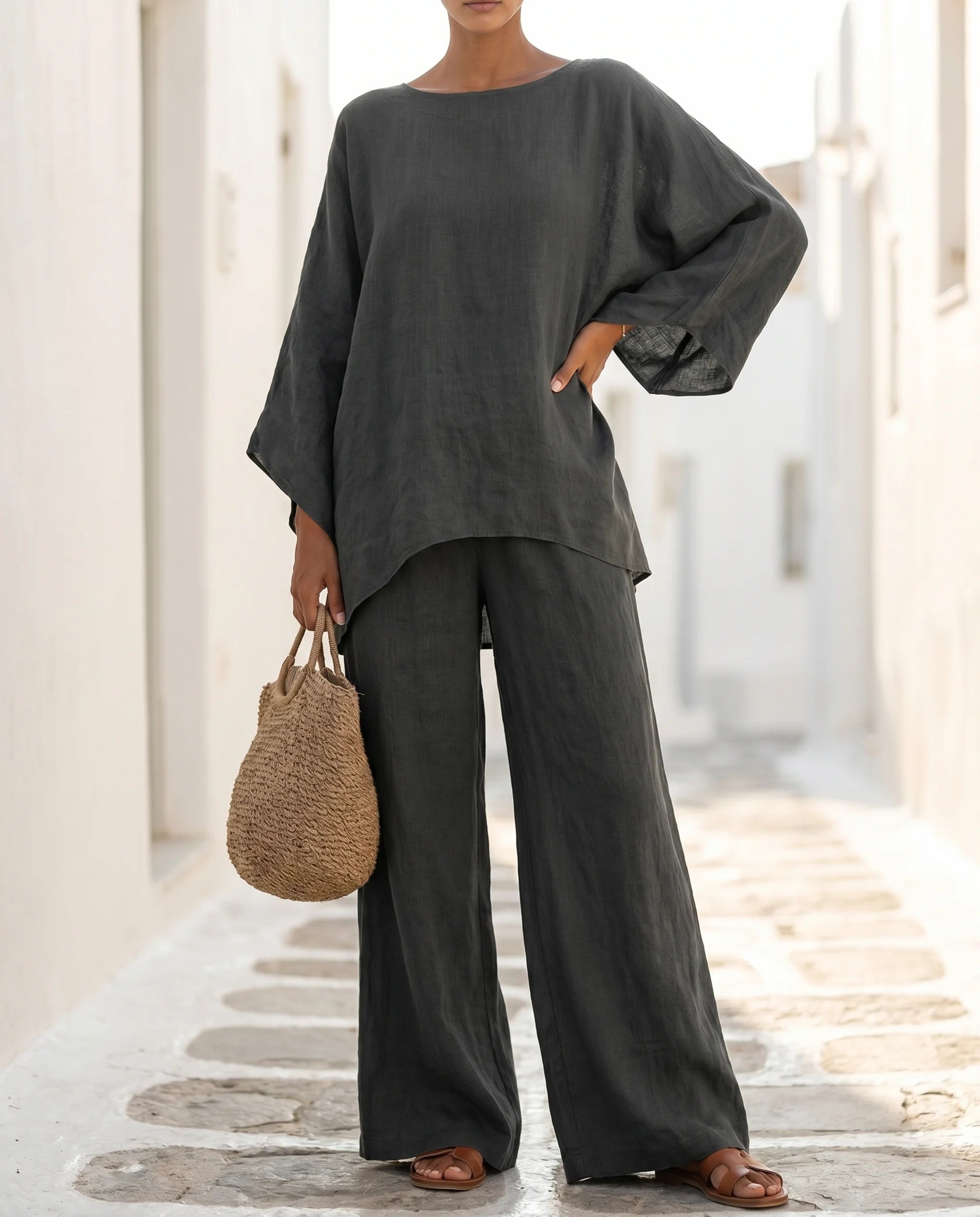 Women's Cotton-Linen Two-Piece Set – Oversized Top with Asymmetric Hem & Wide-Leg Pants | Annabel