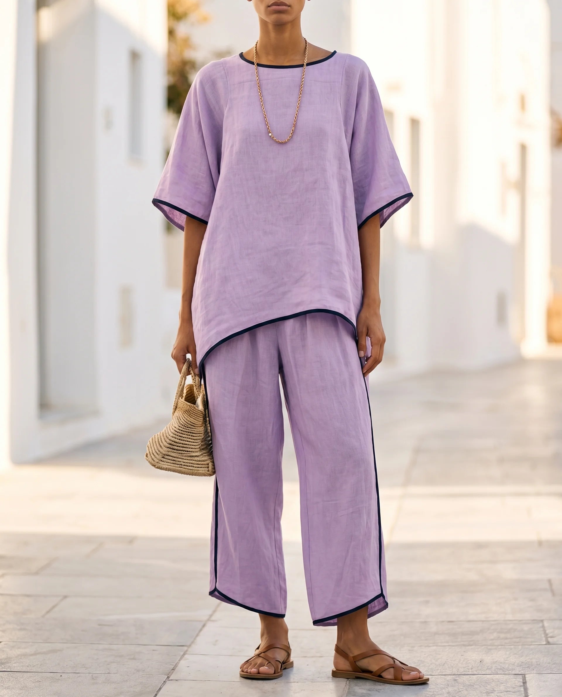 Women's Two-Piece Set – Short Sleeve Top & Cropped Wide-Leg Trousers | Svenja