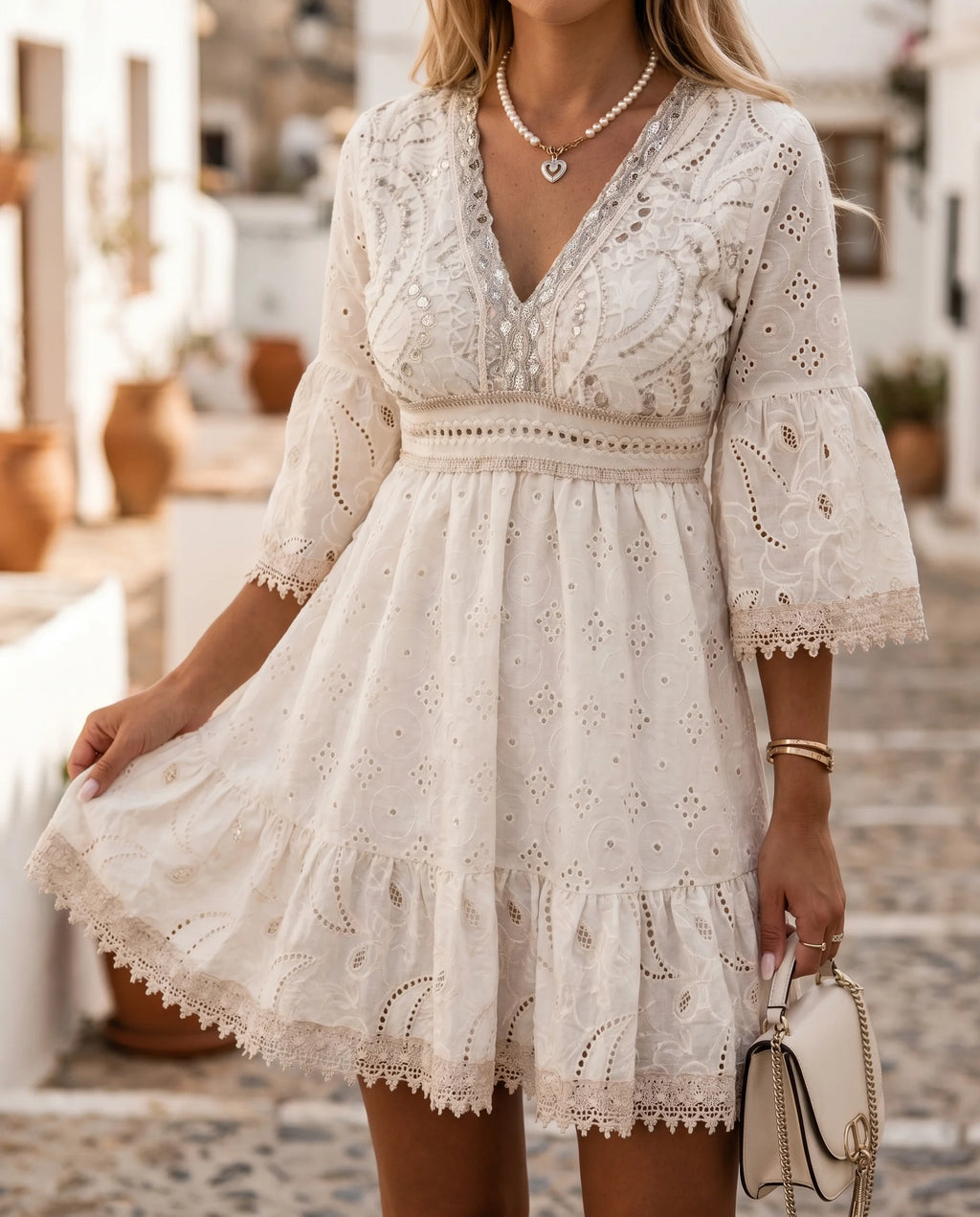Women's Mini Dress with V-Neck and Bell Sleeves – Flowing & Romantic for Summer & Casual Occasions | Merle