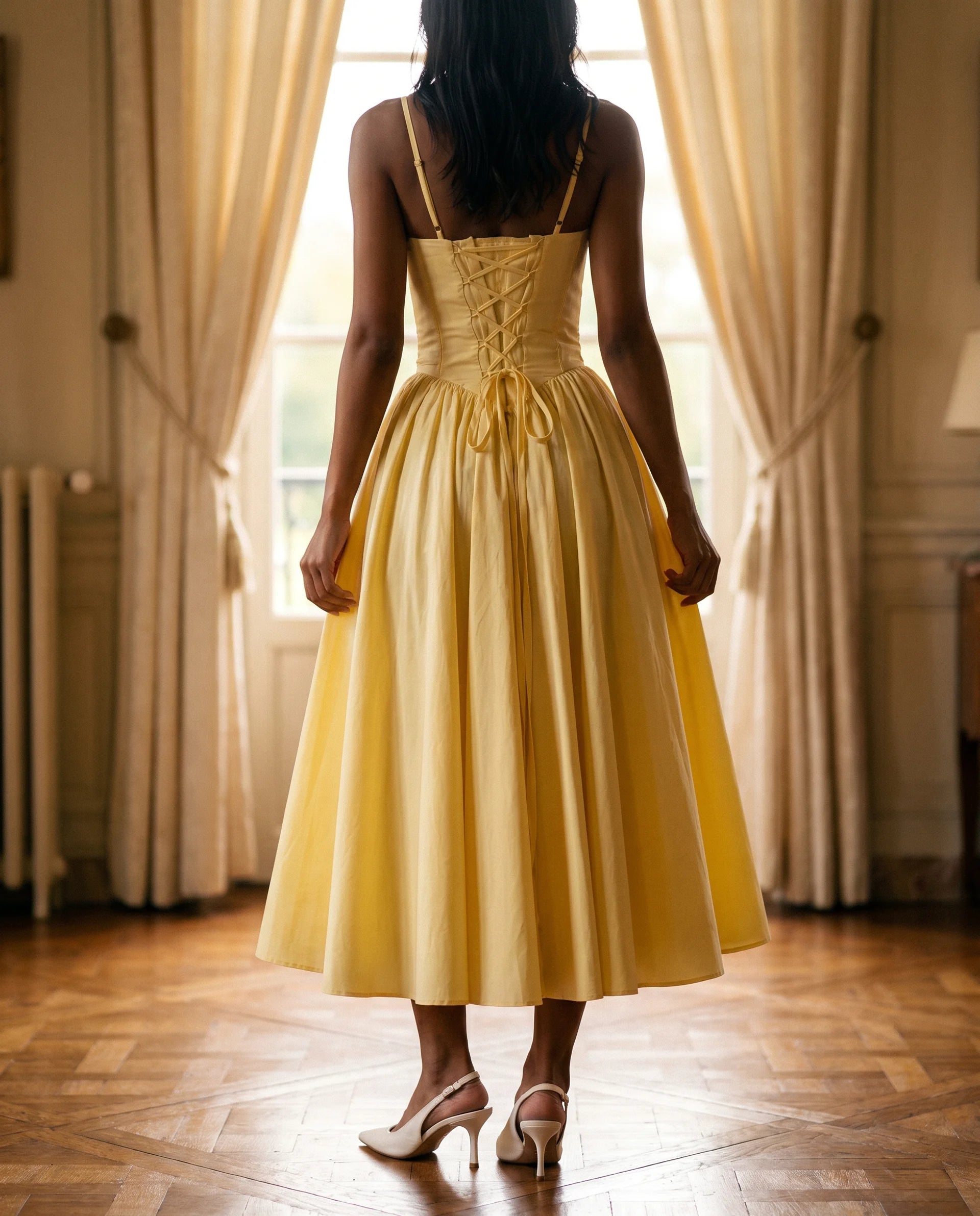 Women's Sweetheart A-Line Midi Dress with Corset Bodice & Spaghetti Straps – Cocktail & Wedding Guest | Ronja