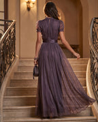 Women's Maxi Dress with High Neck – Short Puff Sleeves and Satin Waistband with Gathered Bodice | Coralie