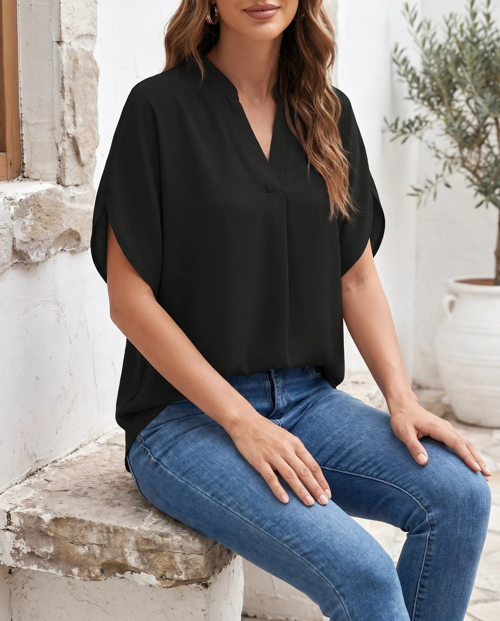 Women's V-Neck Blouse – Elegant & Flowy for Work & Everyday | Faye