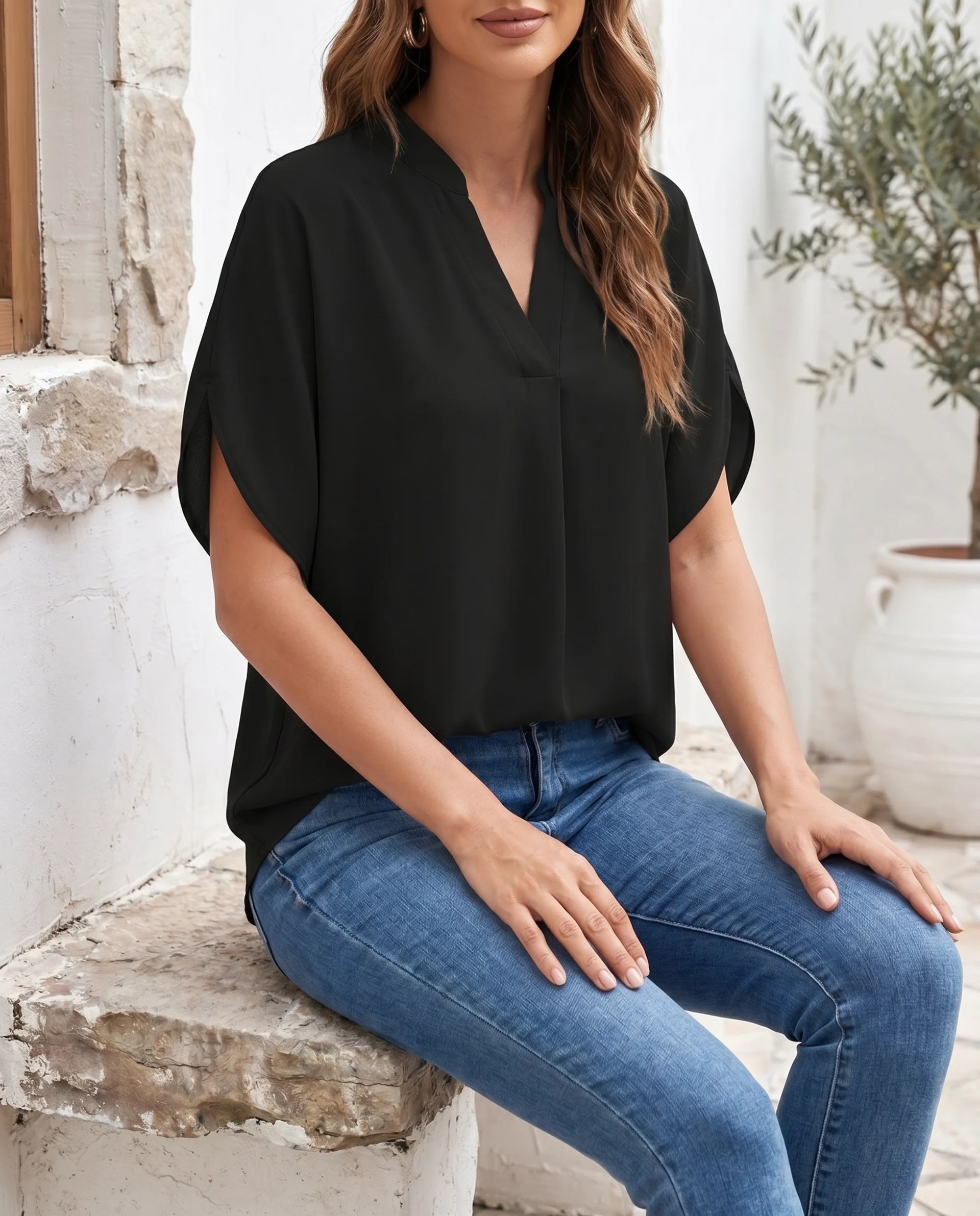 Women's V-Neck Blouse – Elegant & Flowy for Work & Everyday | Faye