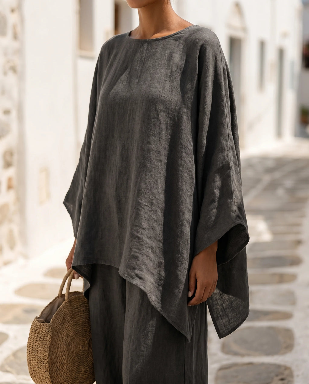 Women's Cotton-Linen Two-Piece Set – Oversized Top with Asymmetric Hem & Wide-Leg Pants | Annabel