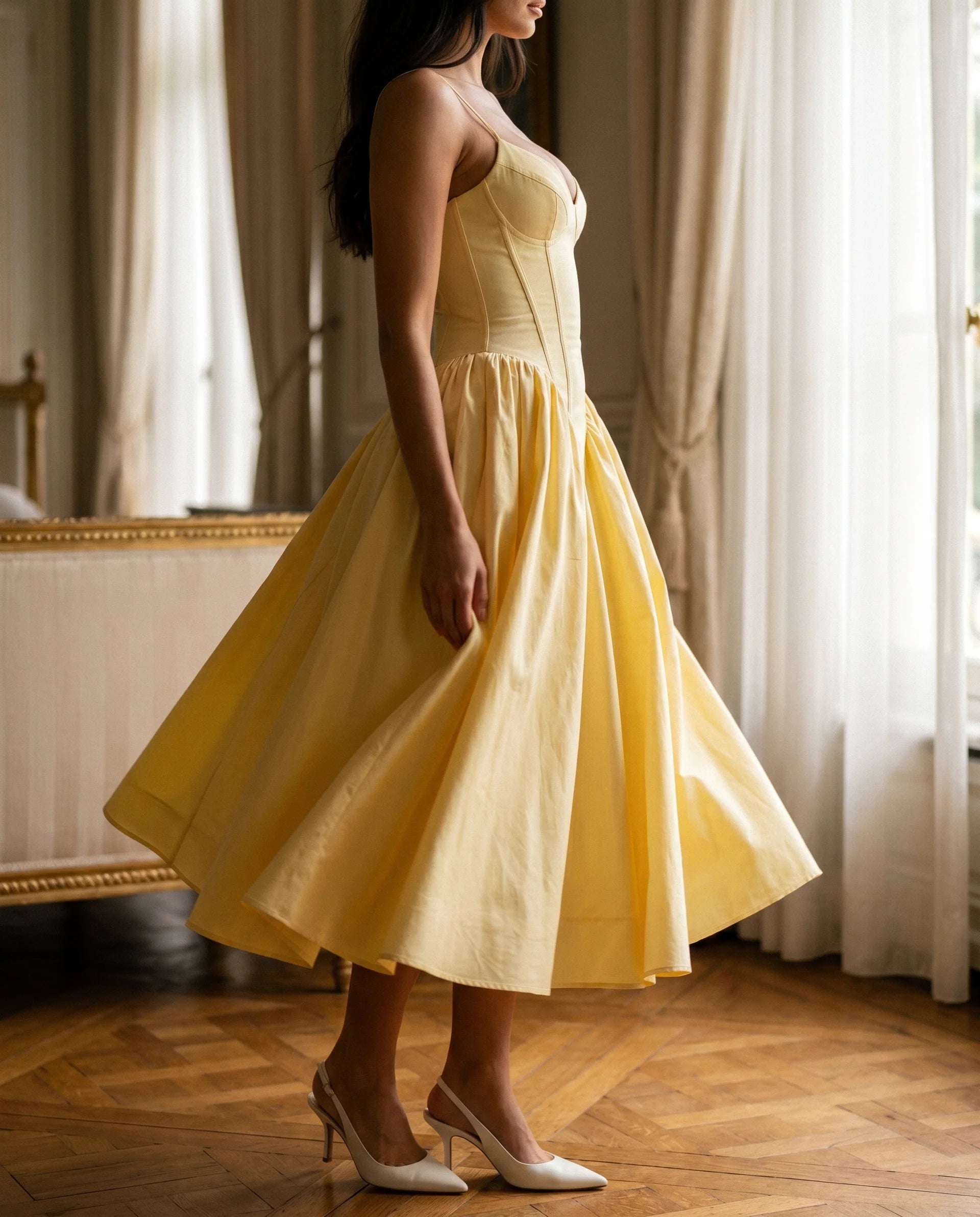 Women's Sweetheart A-Line Midi Dress with Corset Bodice & Spaghetti Straps – Cocktail & Wedding Guest | Ronja