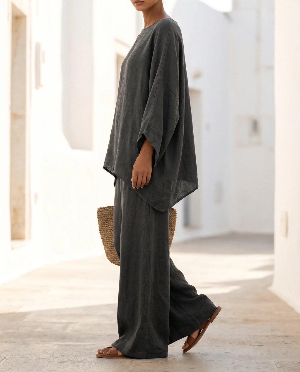 Women's Cotton-Linen Two-Piece Set – Oversized Top with Asymmetric Hem & Wide-Leg Pants | Annabel