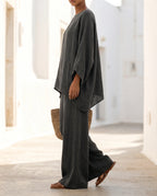 Women's Cotton-Linen Two-Piece Set – Oversized Top with Asymmetric Hem & Wide-Leg Pants | Annabel