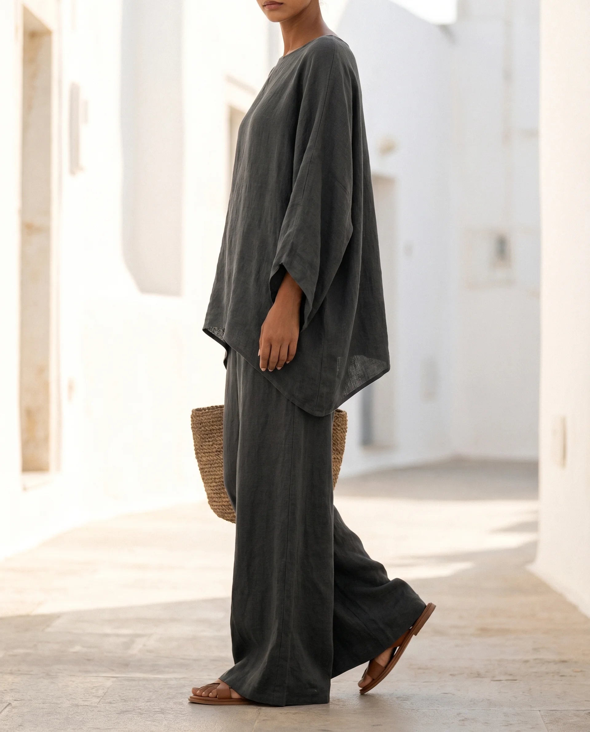 Women's Cotton-Linen Two-Piece Set – Oversized Top with Asymmetric Hem & Wide-Leg Pants | Annabel