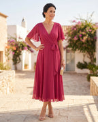 Damen Chiffon-Maxikleid mit V-Ausschnitt – Mit Taillengürtel für Hochzeit & festliche Anlässe | Mirela