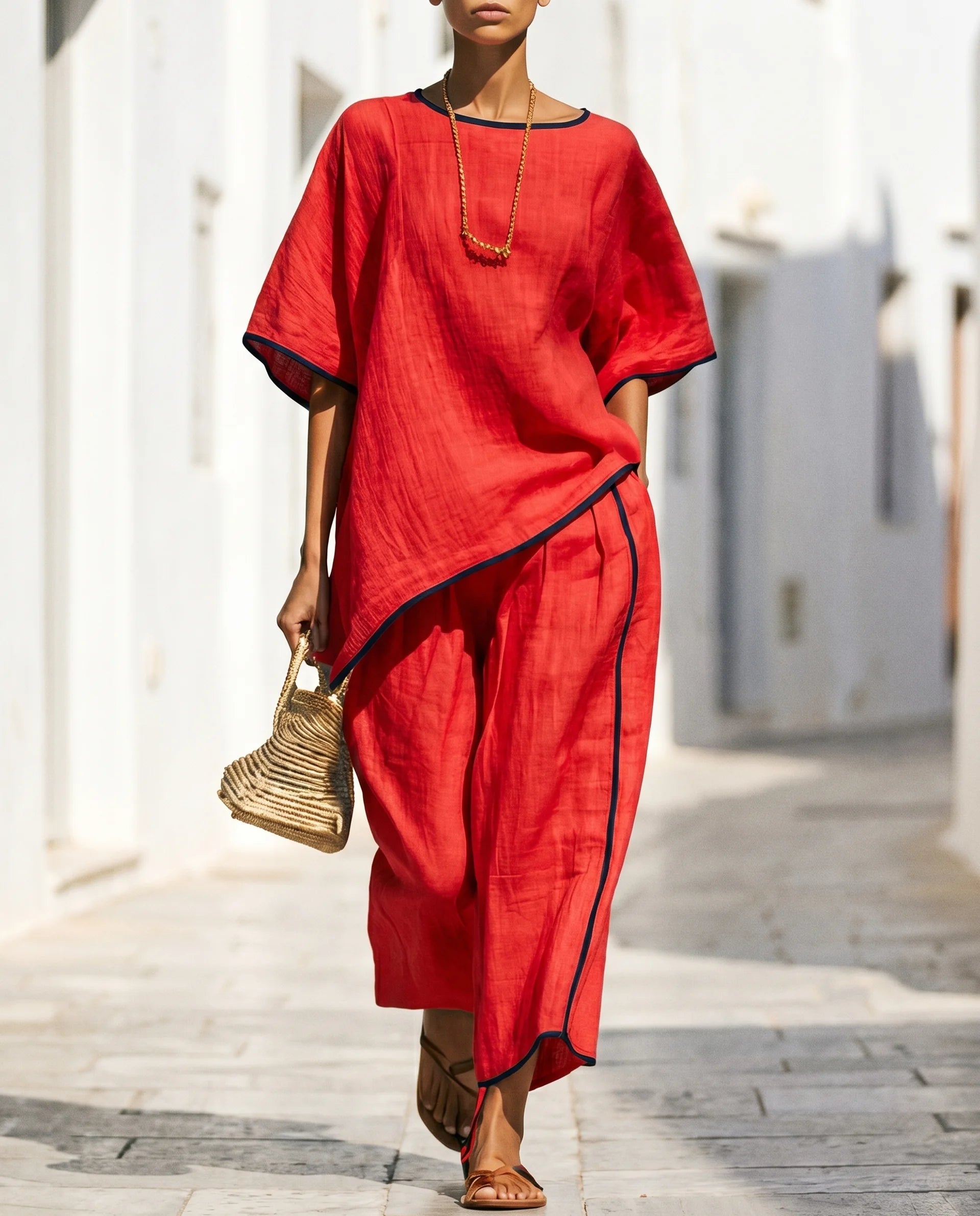 Women's Two-Piece Set – Short Sleeve Top & Cropped Wide-Leg Trousers | Svenja