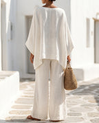 Women's Cotton-Linen Two-Piece Set – Oversized Top with Asymmetric Hem & Wide-Leg Pants | Annabel