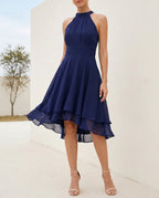 Women's Chiffon Halter Midi Dress – A-Line, Open Back & Asymmetric Hem for Cocktail | Flora