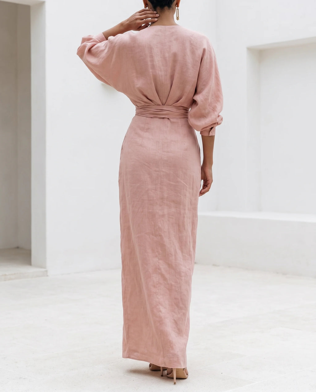 Women's Bodycon Maxi Dress – Wrap Waist, Deep V-Neck, Long Sleeve with Front Slit | Marlene