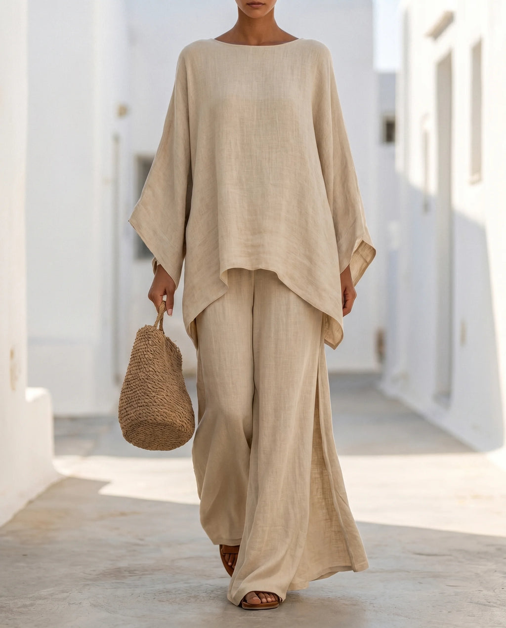 Women's Cotton-Linen Two-Piece Set – Oversized Top with Asymmetric Hem & Wide-Leg Pants | Annabel
