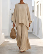 Women's Cotton-Linen Two-Piece Set – Oversized Top with Asymmetric Hem & Wide-Leg Pants | Annabel
