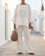 Women's Cotton-Linen Two-Piece Set – Oversized Top with Asymmetric Hem & Wide-Leg Pants | Annabel