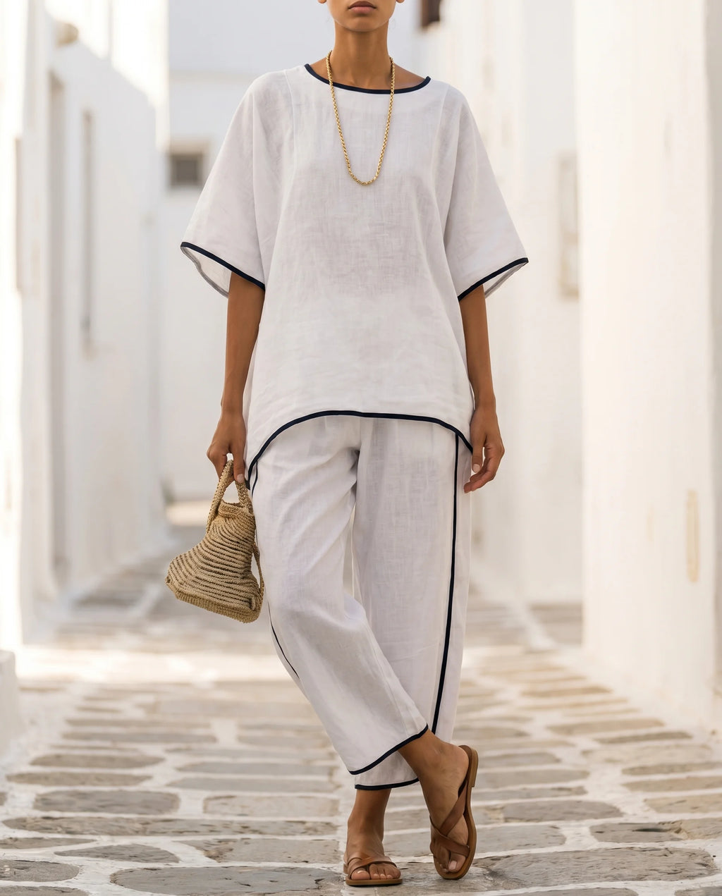 Women's Two-Piece Set – Short Sleeve Top & Cropped Wide-Leg Trousers | Svenja