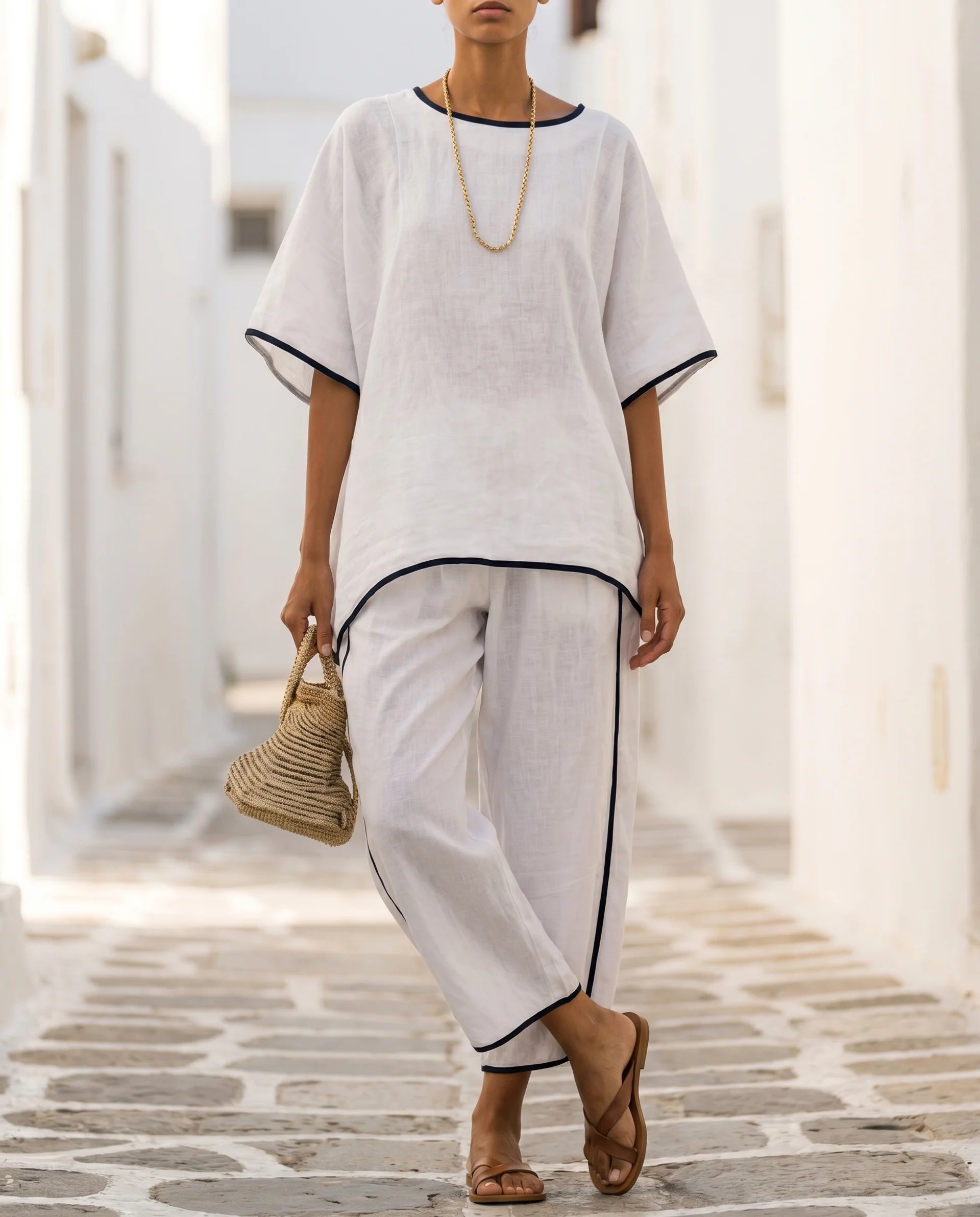 Women's Two-Piece Set – Short Sleeve Top & Cropped Wide-Leg Trousers | Svenja