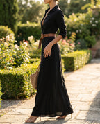 Damen Wickel-Maxikleid – Tiefer V-Ausschnitt, Langarm mit Taillengürtel | Linda