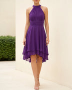 Women's Chiffon Halter Midi Dress – A-Line, Open Back & Asymmetric Hem for Cocktail | Flora