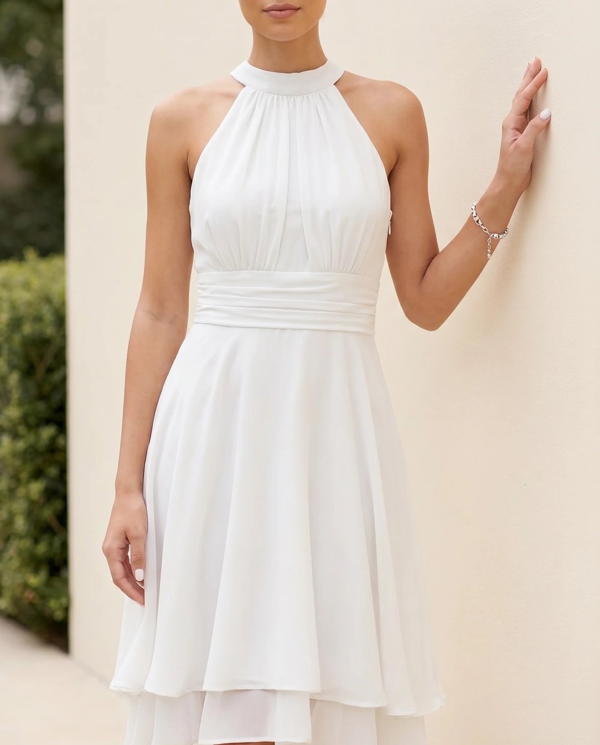 Women's Chiffon Halter Midi Dress – A-Line, Open Back & Asymmetric Hem for Cocktail | Flora