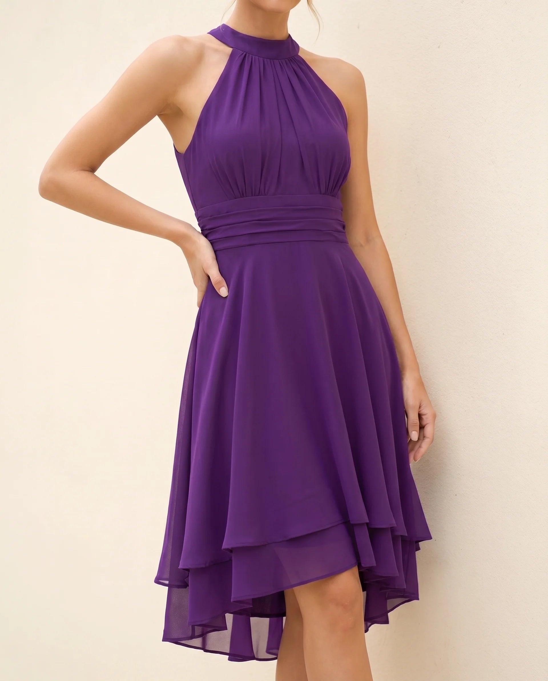 Women's Chiffon Halter Midi Dress – A-Line, Open Back & Asymmetric Hem for Cocktail | Flora