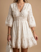Women's Mini Dress with V-Neck and Bell Sleeves – Flowing & Romantic for Summer & Casual Occasions | Merle