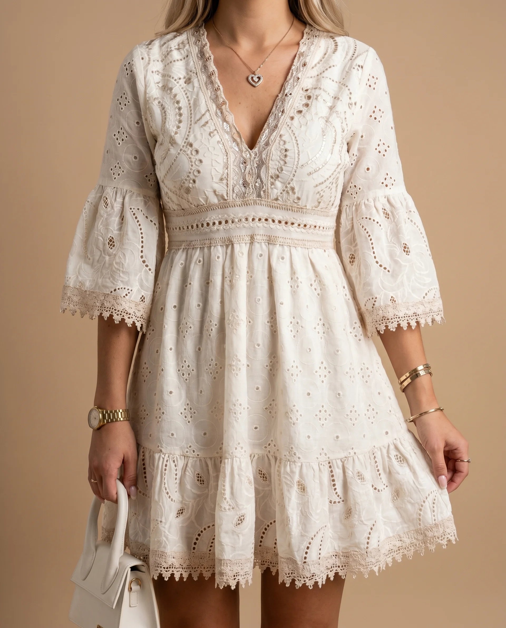 Women's Mini Dress with V-Neck and Bell Sleeves – Flowing & Romantic for Summer & Casual Occasions | Merle