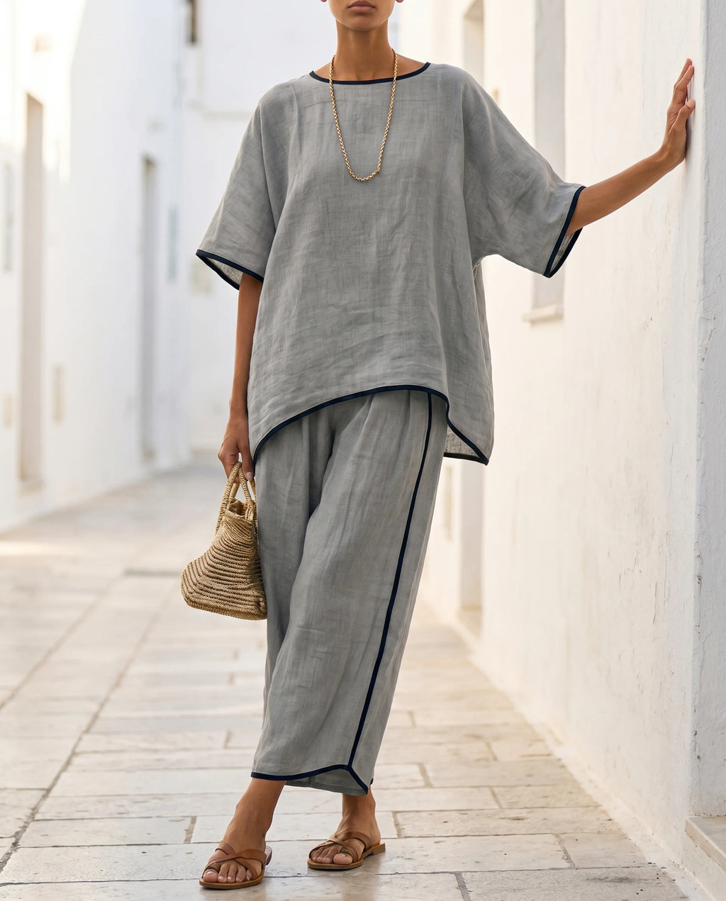 Women's Two-Piece Set – Short Sleeve Top & Cropped Wide-Leg Trousers | Svenja