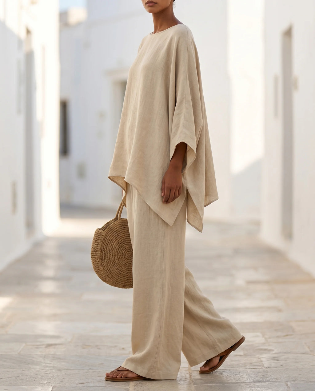 Women's Cotton-Linen Two-Piece Set – Oversized Top with Asymmetric Hem & Wide-Leg Pants | Annabel