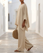 Women's Cotton-Linen Two-Piece Set – Oversized Top with Asymmetric Hem & Wide-Leg Pants | Annabel
