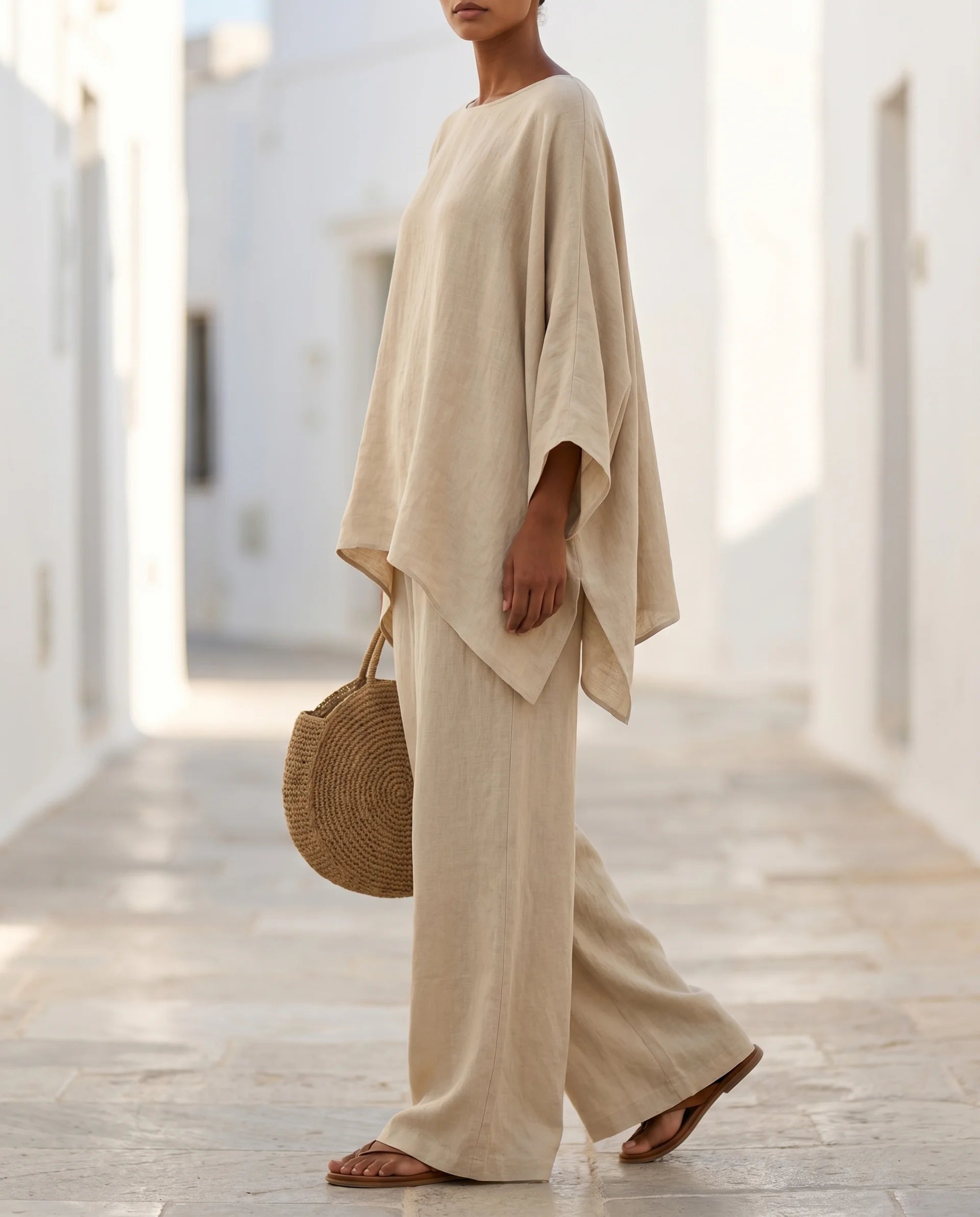 Women's Cotton-Linen Two-Piece Set – Oversized Top with Asymmetric Hem & Wide-Leg Pants | Annabel