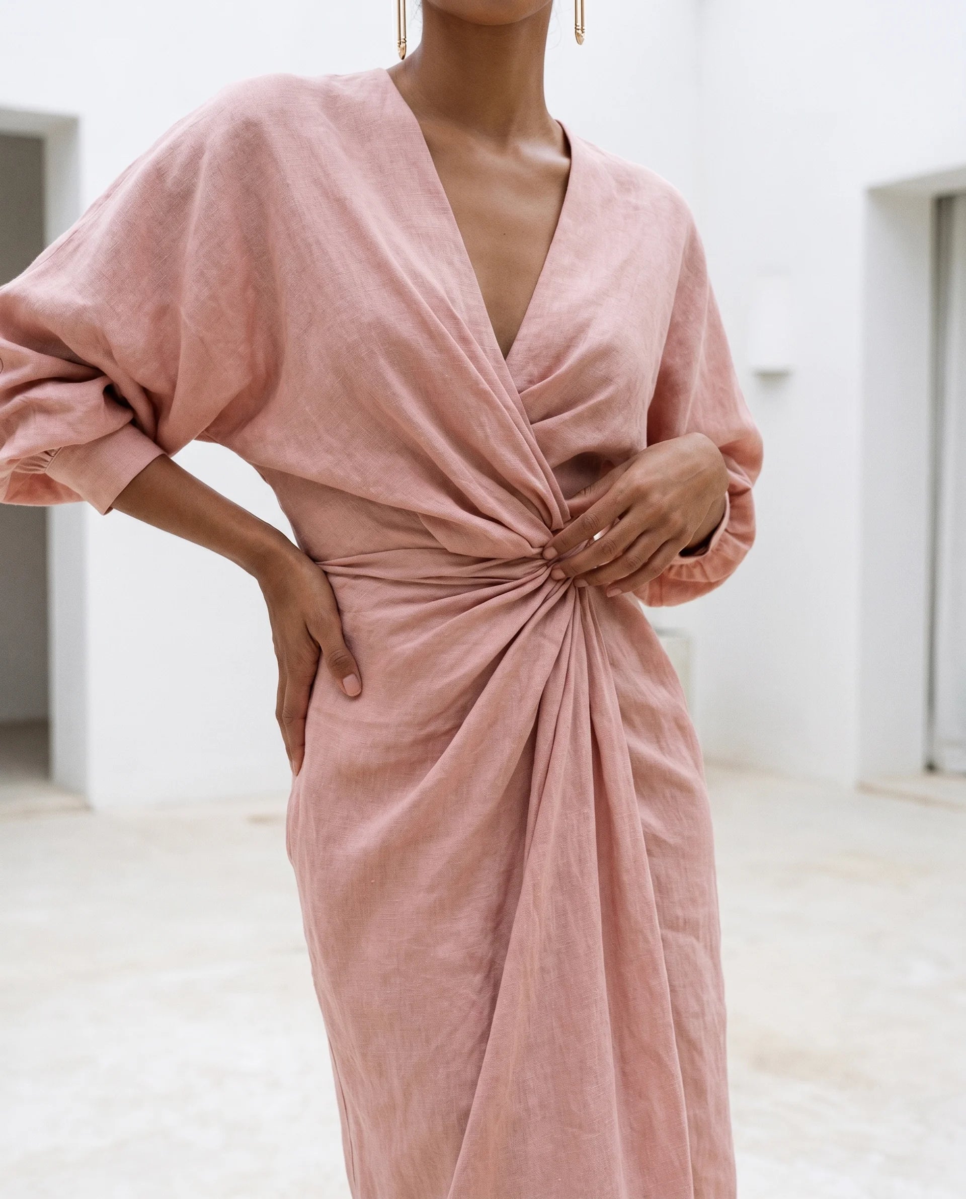 Women's Bodycon Maxi Dress – Wrap Waist, Deep V-Neck, Long Sleeve with – Lamiano