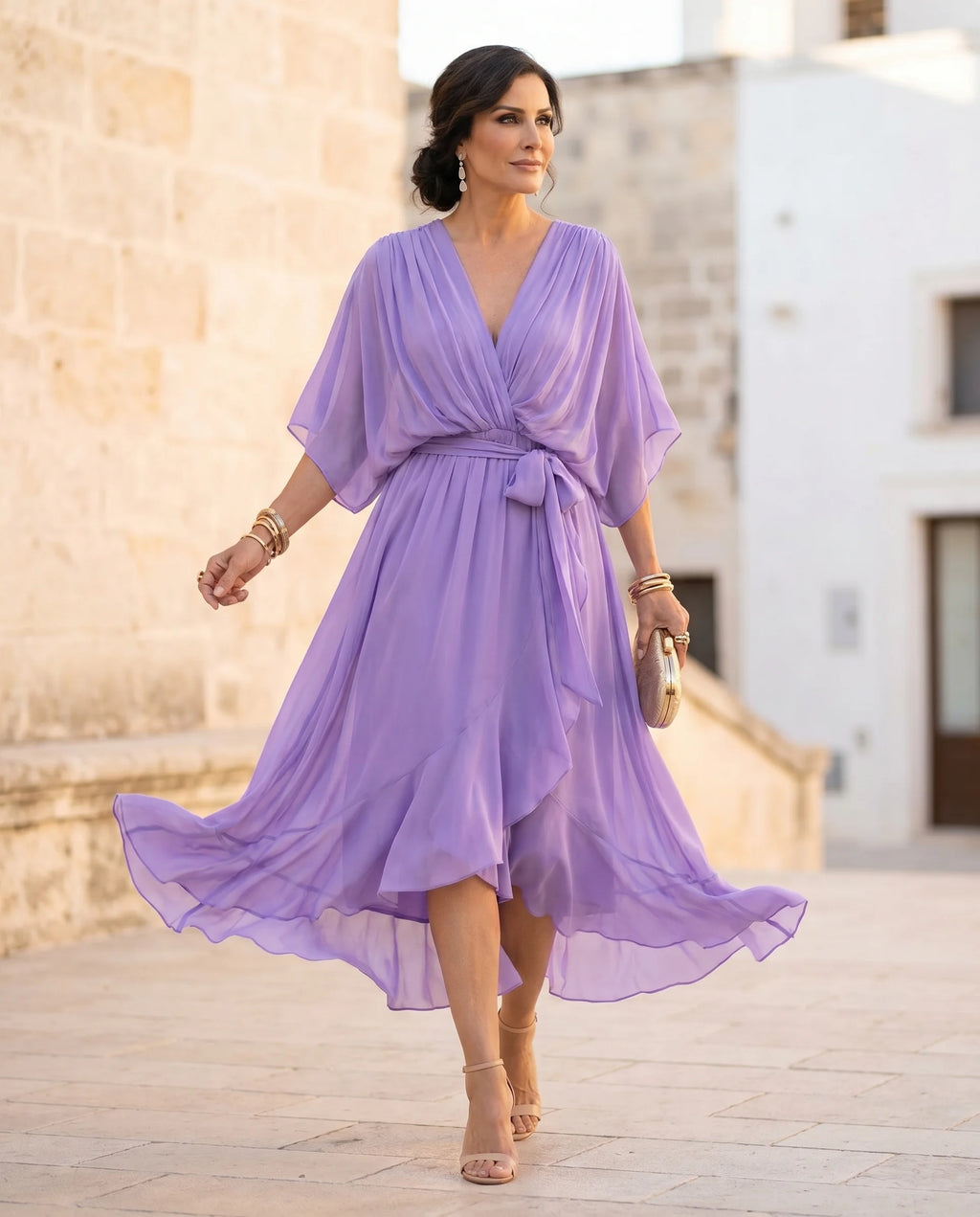 Damen Chiffon-Maxikleid mit V-Ausschnitt – Mit Taillengürtel für Hochzeit & festliche Anlässe | Mirela