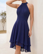Women's Chiffon Halter Midi Dress – A-Line, Open Back & Asymmetric Hem for Cocktail | Flora
