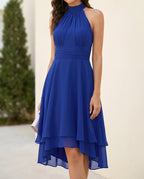 Women's Chiffon Halter Midi Dress – A-Line, Open Back & Asymmetric Hem for Cocktail | Flora