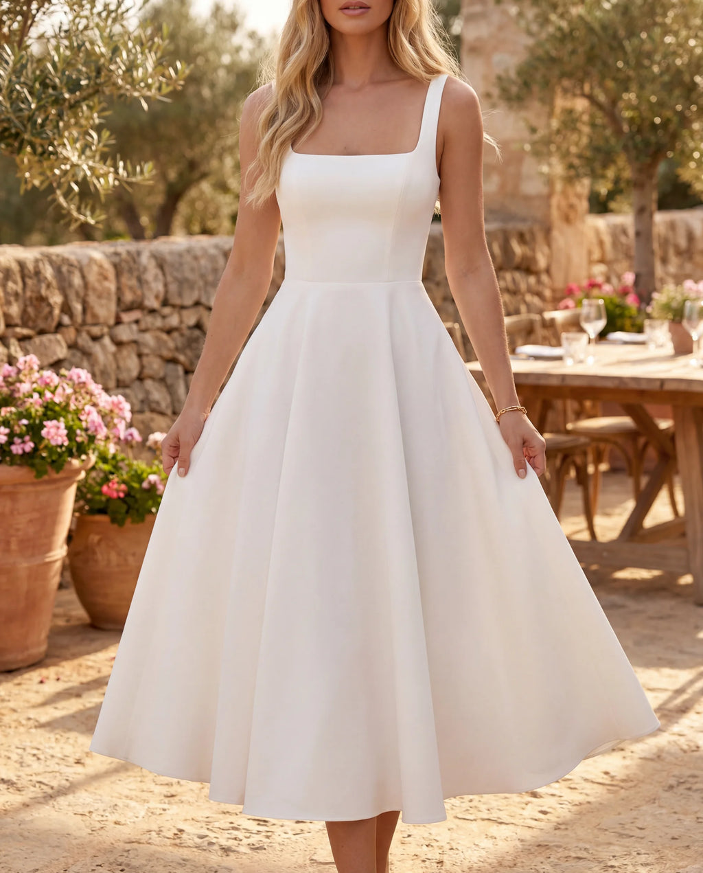 Damen Midikleid eckiger Ausschnitt ärmellos A-Linie – elegant für besondere Anlässe | Senna