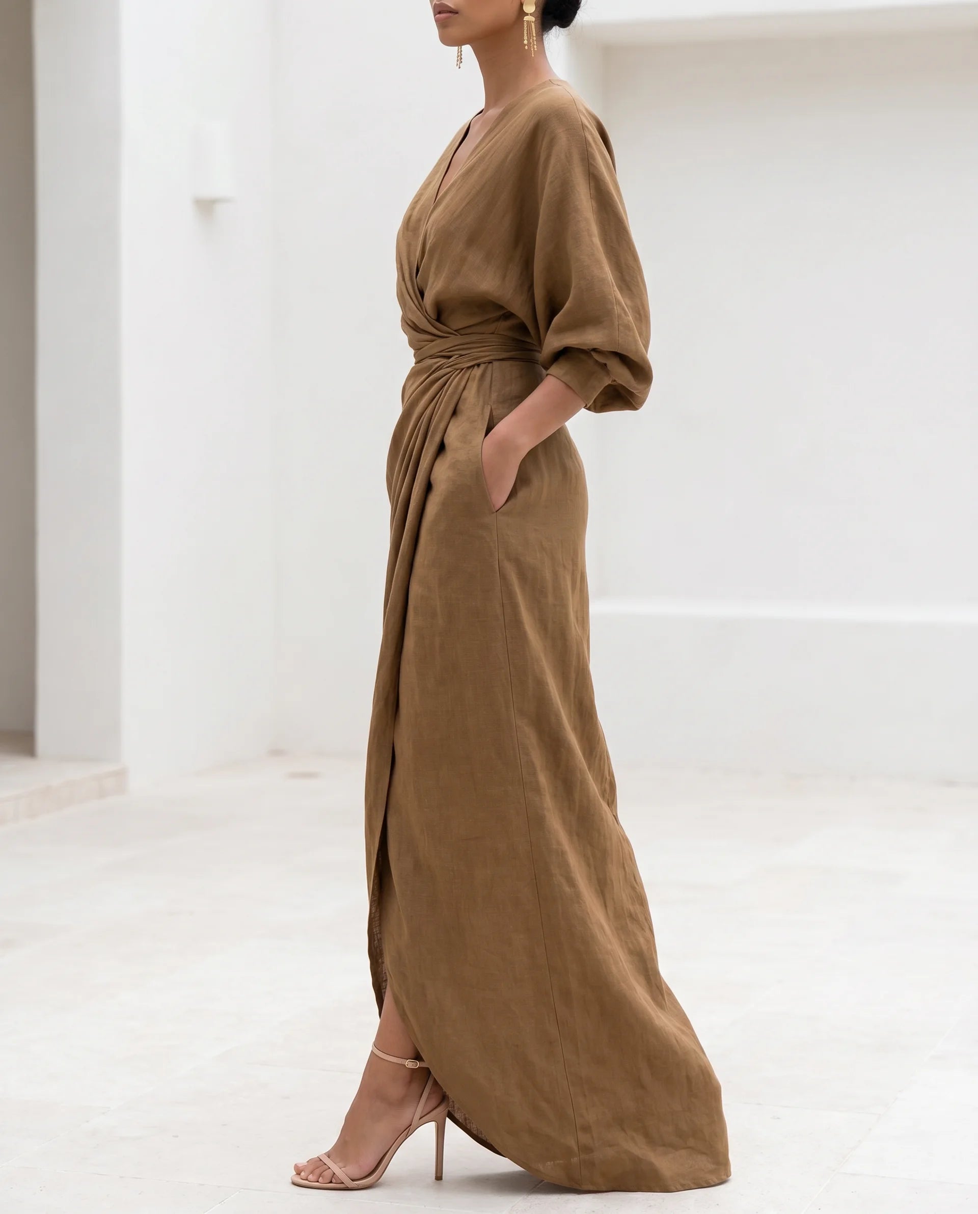 Women's Bodycon Maxi Dress – Wrap Waist, Deep V-Neck, Long Sleeve with Front Slit | Marlene