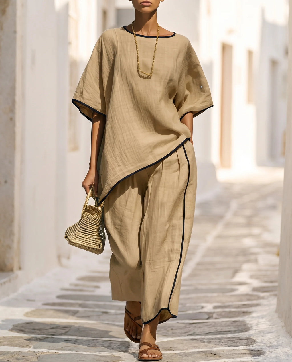 Women's Two-Piece Set – Short Sleeve Top & Cropped Wide-Leg Trousers | Svenja